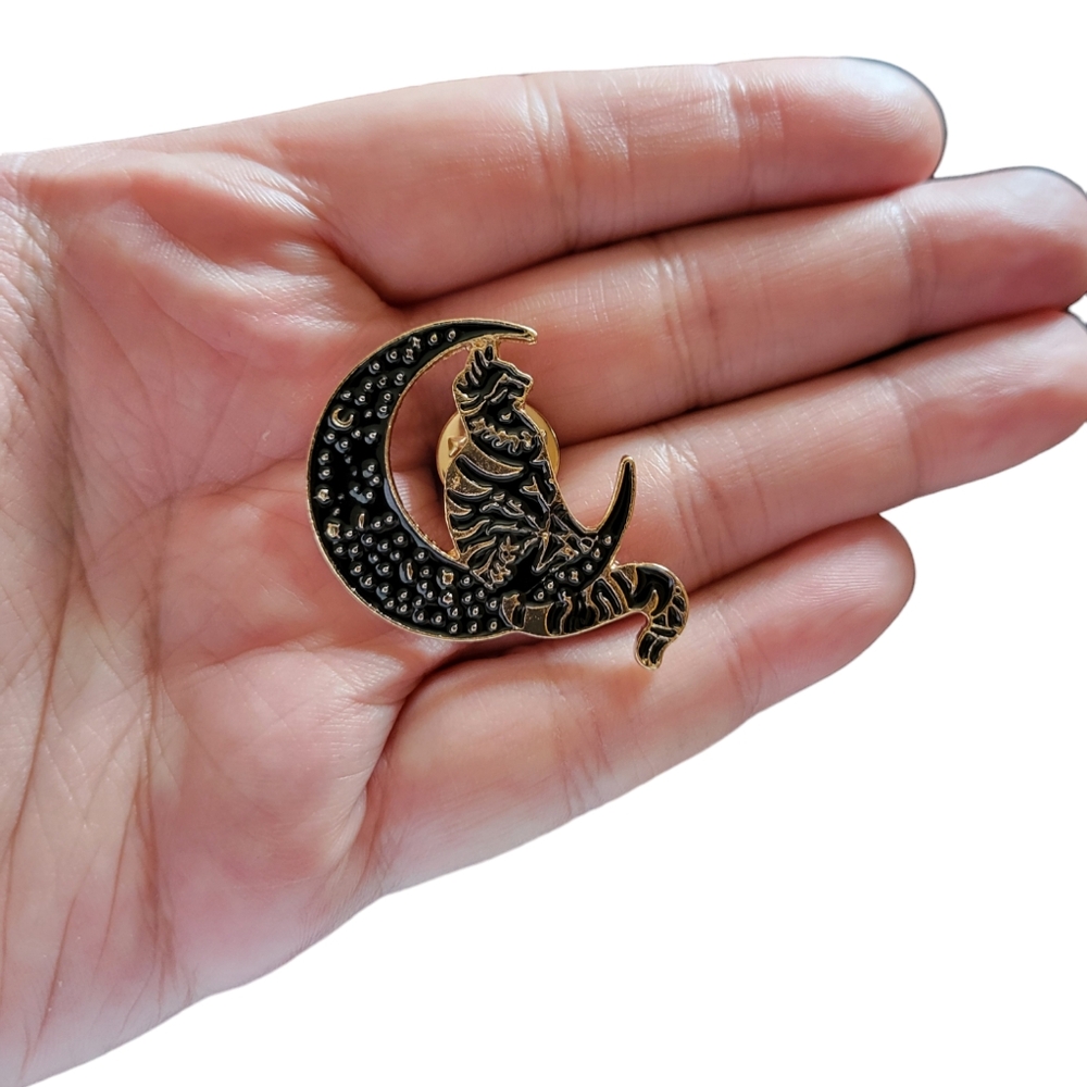 Cat and moon enamel pin